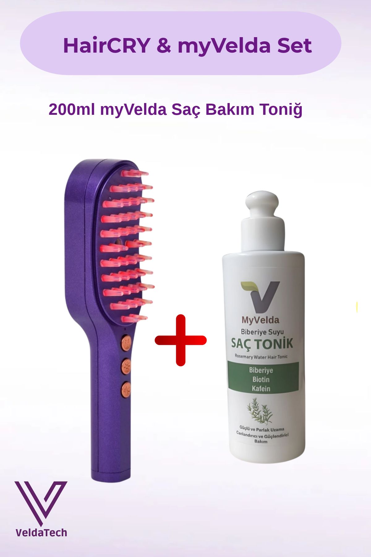 VeldaTech hairCRY İyonik Saç Bakım Seti - Biberiyeli Güçlendirici Tonik & Mor Tarak