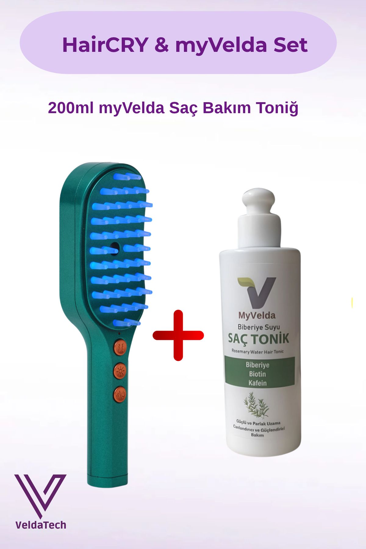 VeldaTech hairCRY Profesyonel Saç Bakım Seti | İyonik Tarak ve Biberiyeli Tonik